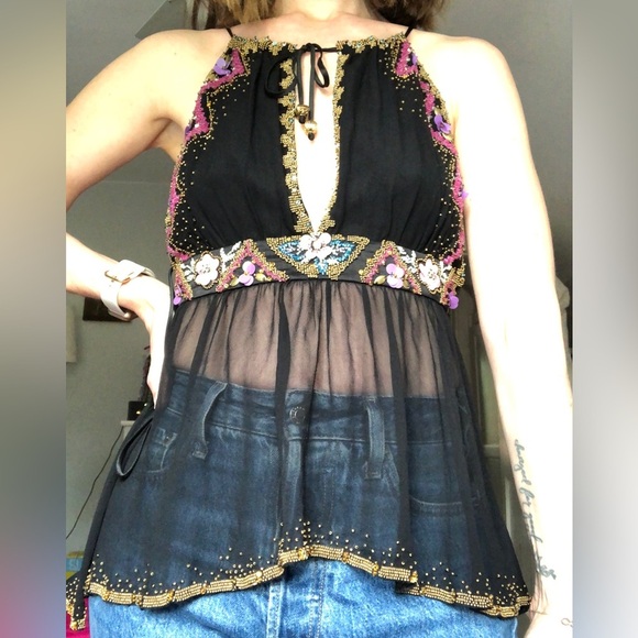 Vintage Y2K luxury designer Matthew Williamson beaded sheer black tank - Picture 14 of 17